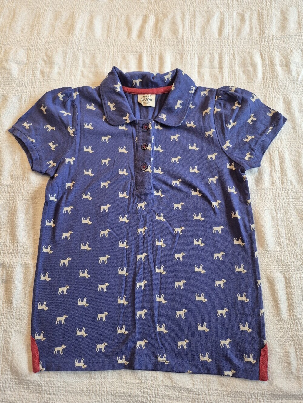 Mini Boden girls 9-10 years blue polo shirt, boden dog design all over VVGUC